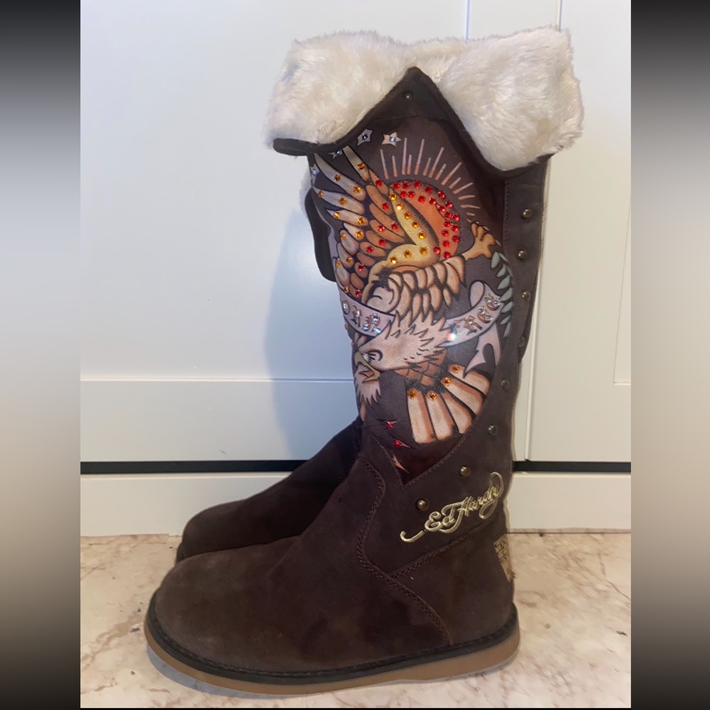 Ed hardy knee high fur boots